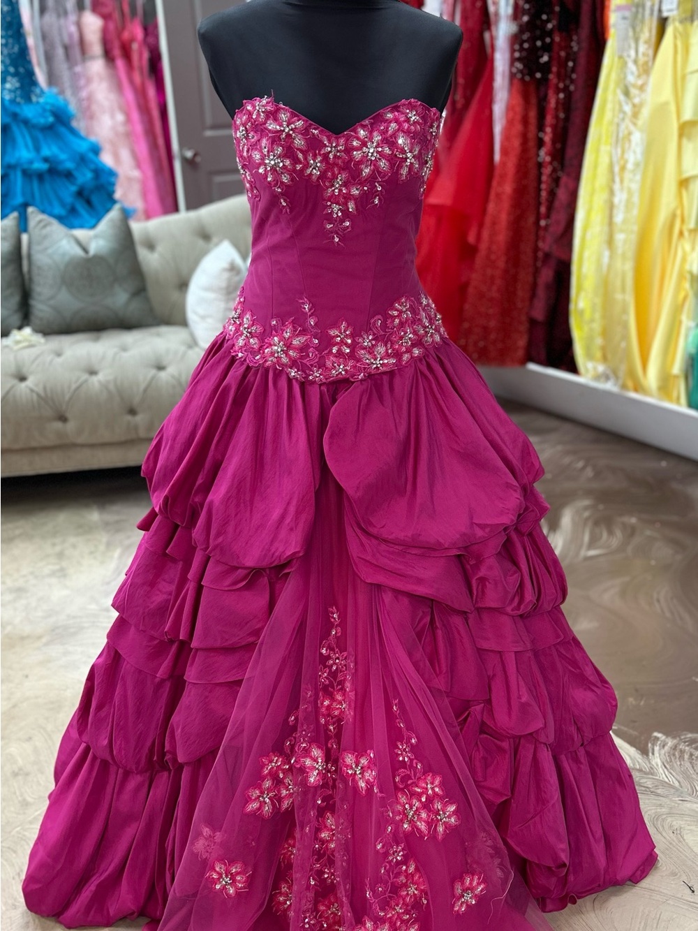 Allure Bridals Fuchsia Strapless Ball Gown with Floral Beading